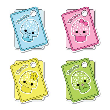 Vektör karikatür çizim çocuk hediye etiketi için uygun renkli sevimli mantarlı set tasarımı