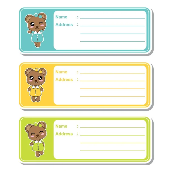 Illustration vectorielle de dessin animé avec des filles ours mignons sur fond coloré adapté à la conception d'étiquettes d'adresse enfant — Image vectorielle