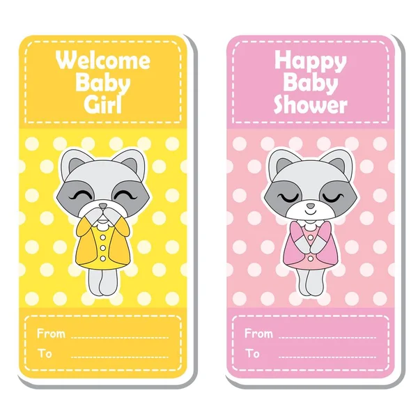 Vektör karikatür çizim ile pembe ve sarı puantiyeli arka plan bebek duş etiket tasarımı için uygun şirin Rakun kızlar