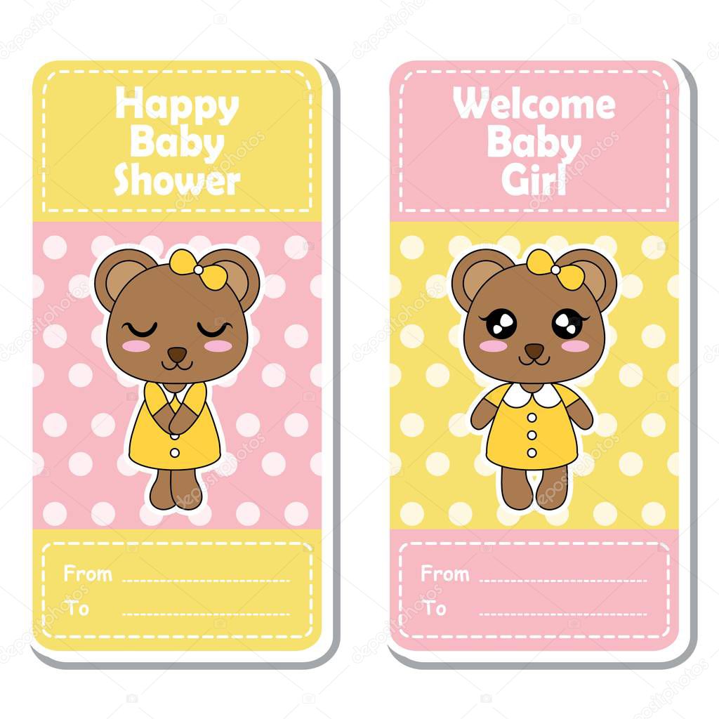 Vector cartoon illustration with cute bear girls on pink and yellow polka dot background suitable for Baby shower label design
