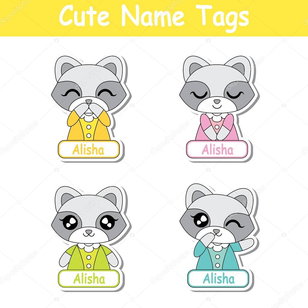 Vector cartoon illustration with colorful cute raccoon girls suitable for kid name tag set design