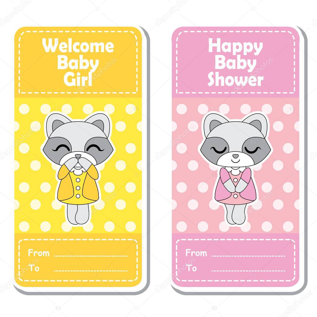 Vector cartoon illustration with cute raccoon girls on pink and yellow polka dot background suitable for Baby shower label design