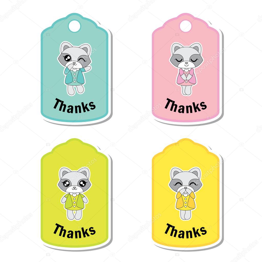 Vector cartoon illustration with colorful cute raccoon girls suitable for kid gift tag set design