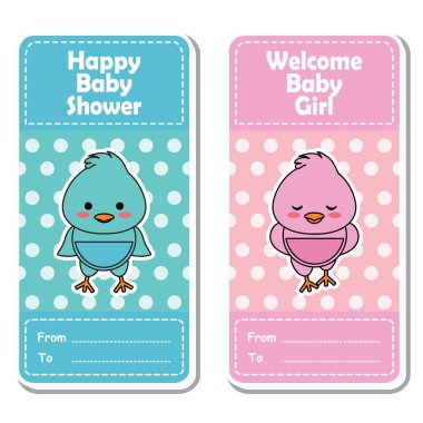 Vektör karikatür çizim ile polka dot arka plan bebek duş etiket tasarımı için uygun şirin pembe ve mavi bebek kız
