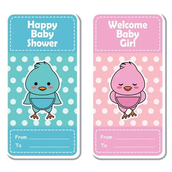 Vektör karikatür çizim ile polka dot arka plan bebek duş etiket tasarımı için uygun şirin pembe ve mavi bebek kız