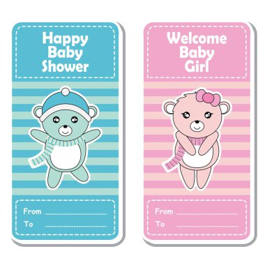 Çizgili arka plan bebek duş etiket tasarımı için uygun üzerinde vektör karikatür çizim ile şirin pembe ve mavi bebek ayılar