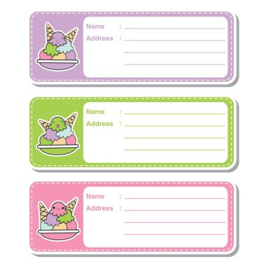 Vektör karikatür çizim üzerinde renkli arka plan çocuk adres etiket tasarımı için uygun şirin dondurma ile