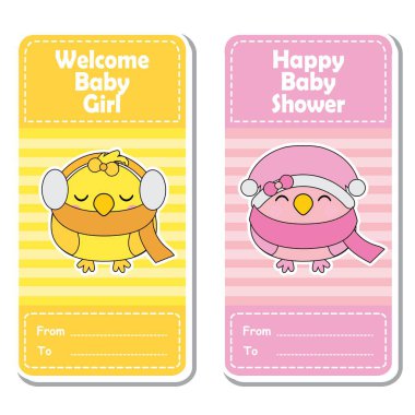 Çizgili arka plan bebek duş etiket tasarımı için uygun şirin pembe ve sarı kuşlar ile çizgi film illüstrasyon vektör, küme ve davetiye kartı banner