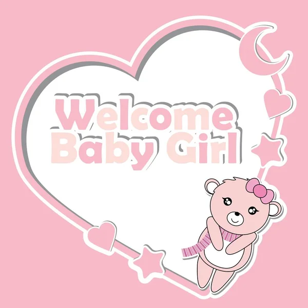 Vector cartoon illustration with cute baby bear girl on love frame suitable for Baby shower invitation card design — Stockvector