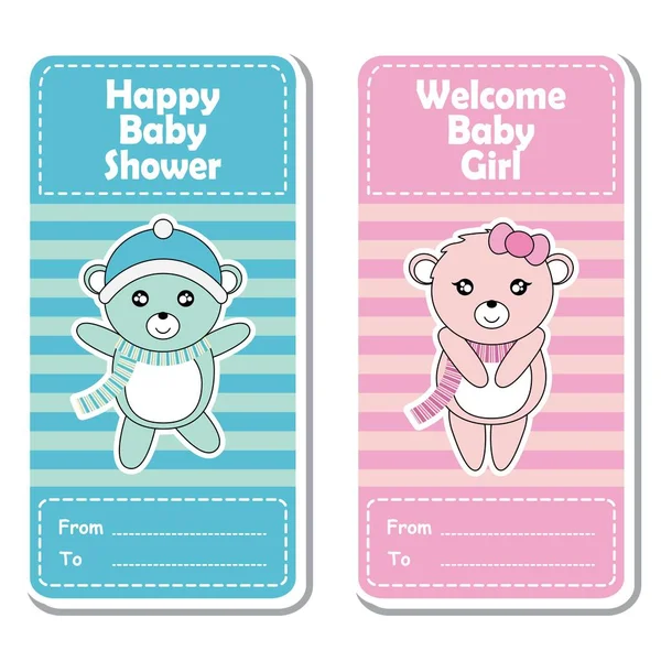 Vektor tegneserie illustration med sød pink og blå baby bjørne på stribet baggrund egnet til Baby shower label design – Stock-vektor