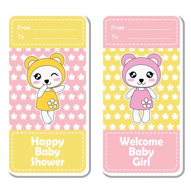Karikatür çizim çiçek arka plan bebek duş etiket tasarımı için uygun şirin pembe ve sarı bebek pandalar ile vektör, küme ve davetiye kartı banner