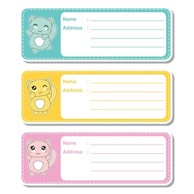Vektör karikatür çizim çocuk adres etiket tasarımı, adres etiket ve yazdırılabilir çıkartma için uygun renkli arka plan üzerinde sevimli kediler ile ayarla