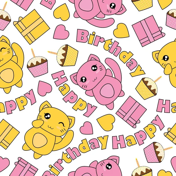 Seamless pattern with cute cats, birthday cake, and box gifts vector cartoon suitable for birthday wallpaper design, scrap paper and kid fabric clothes background