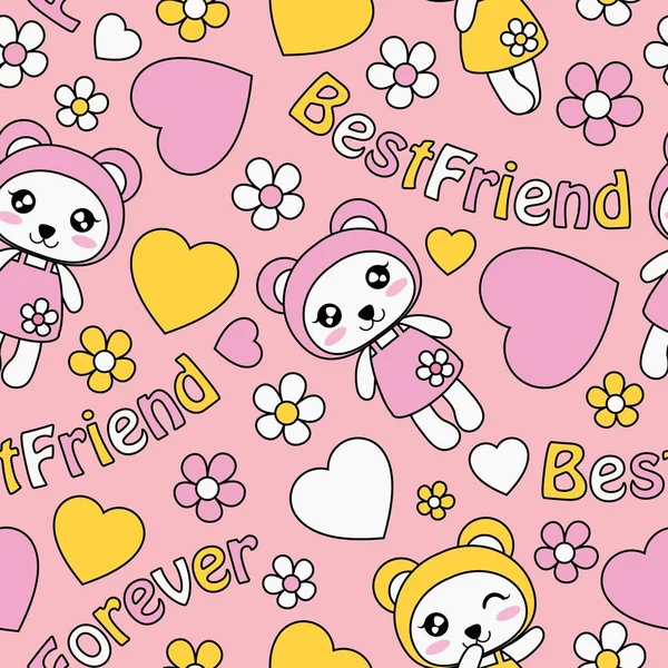 Słodkie Panda Dziewczyny Miłość Kwiaty Różowy Tło Wektor Kreskówka Odpowiednie — Wektor stockowy