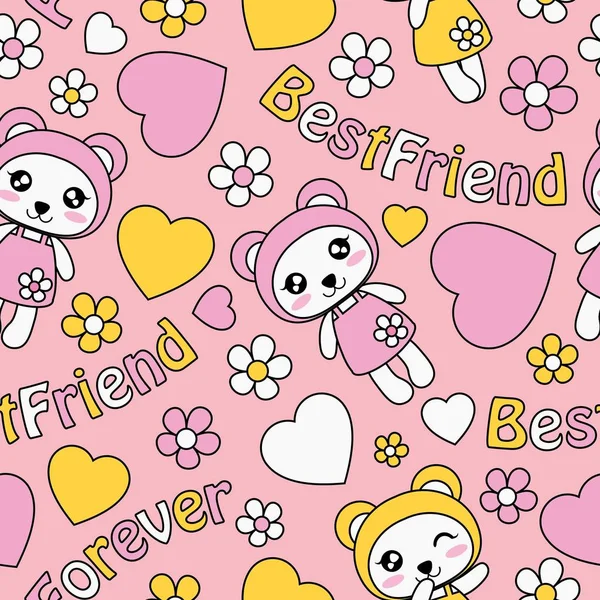 Sevimli panda kız, aşk ve pembe bir arka plan vektör karikatür çocuk duvar kağıdı tasarımı, hurda kağıt ve çocuk kumaş elbise arka plan için uygun çiçek ile Seamless Modeli