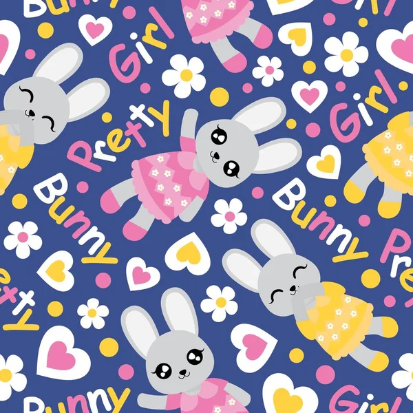 Naadloze Patroon Met Schattige Bunny Meisje Bloemen Liefde Vorm Blauwe — Stockvector