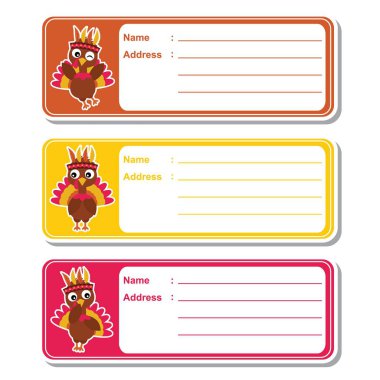 Vektör karikatür çizim çocuk adres etiket tasarımı, adres etiket ve yazdırılabilir çıkartma için uygun renkli arka plan üzerinde sevimli hindi ile ayarla