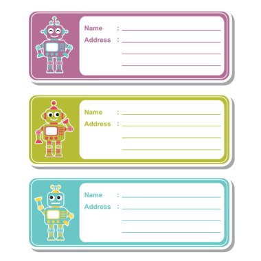 Vektör karikatür çizim renkli arka plan çocuk adres etiket tasarımı, adres etiket ve yazdırılabilir etiket kümesi için uygun şirin robot oyuncaklar ile