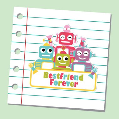 Vektör karikatür çizim kağıt Not arka planı uygun dostluk kart tasarımı, zemin ve duvar kağıdı üzerinde sevimli robotlar ile