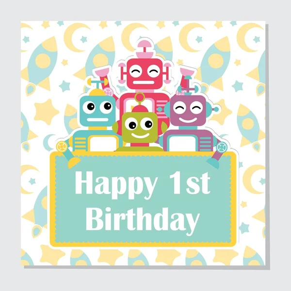 矢量卡通插图与可爱的机器人在火箭背景适合生日邀请卡设计 背景和墙纸 — 图库矢量图片