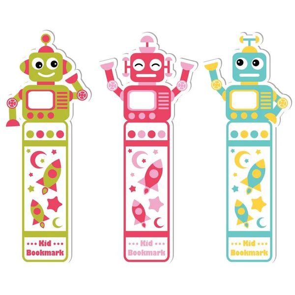 Vektör karikatür çizim renkli sevimli robotlar, roket ve yıldız çocuk yer işareti etiket tasarımı, yer işareti etiket ve etiket için uygun ayarla