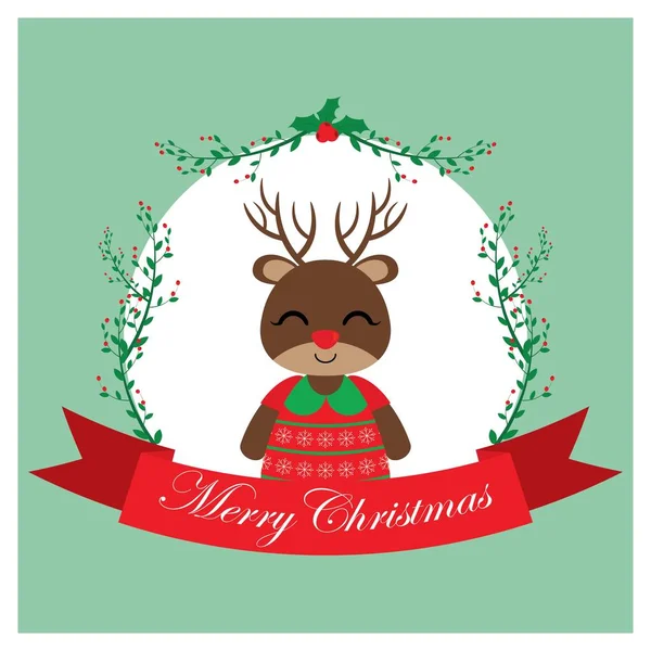 矢量卡通插图与可爱的驯鹿女孩在红色浆果花圈适合圣诞贺卡设计 季节问候和明信片 — 图库矢量图片