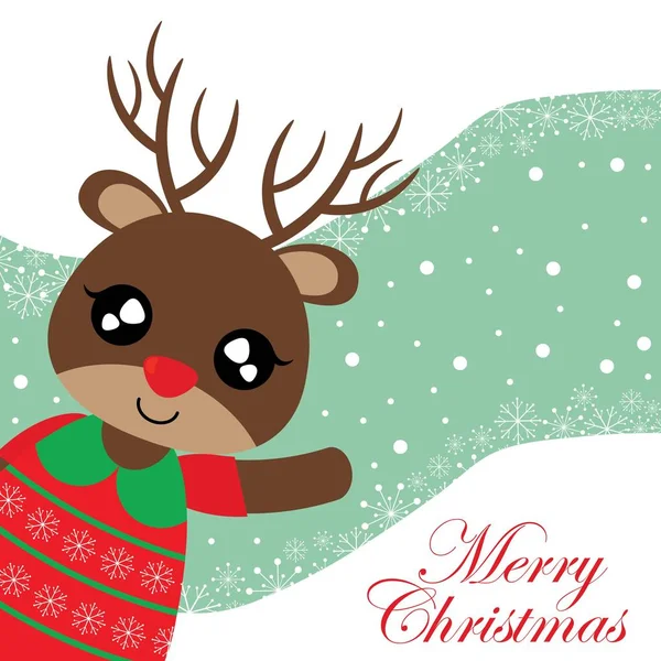 Vektör karikatür çizim şirin Ren geyiği kızla kar yağışı arka planda Noel kartı tasarımı, sezon tebrik ve kartpostal için uygun selamı