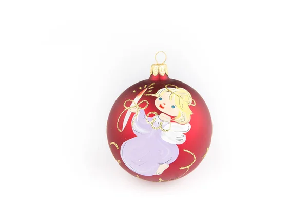 Red Christmas ball with Angel, hand painted, isolated — Stock Photo, Image