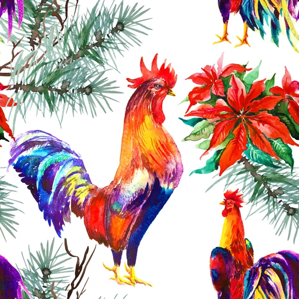 Galo. Ano do Galo. Ano Novo Chinês do Galo. Rooster aquarela padrão sem costura Ano Novo — Fotografia de Stock
