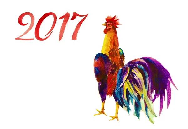 Κόκορας. Έτος του κόκκορας. Κινεζικό νέο έτος του κόκκορα. Ακουαρέλα κάρτα κόκορας νέο έτος. — Φωτογραφία Αρχείου