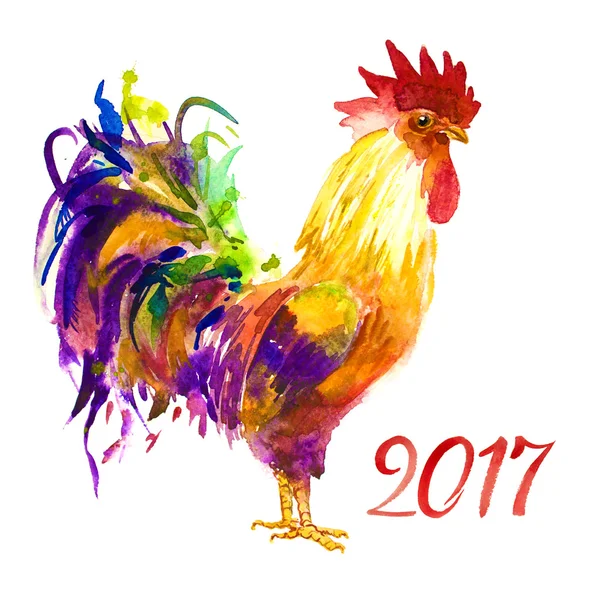 Κόκορας. Έτος του κόκκορας. Κινεζικό νέο έτος του κόκκορα. Ακουαρέλα κάρτα κόκορας νέο έτος. — Φωτογραφία Αρχείου