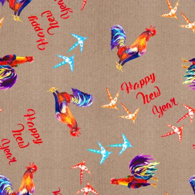Horoz. Horoz yıl. Horoz Çin yeni yılı. Suluboya horoz yeni yıl seamless modeli
