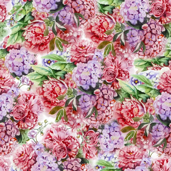 Aquarelle fleur pivoine rose vert feuilles décoratif vintage illustration sans couture motif fond — Photo