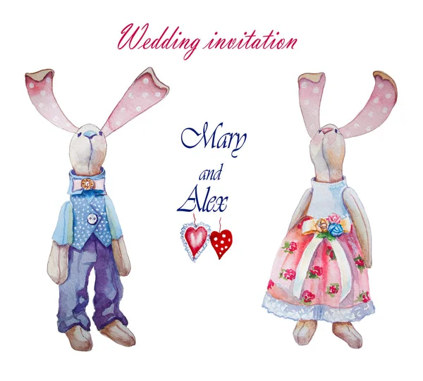 Ładny królik. Walentynki karty. Walentynki karty. Ilustracja królik bunny akwarela. Valentine serca. Z życzeniami na dzień ślubu. Kocham cię. — Zdjęcie stockowe