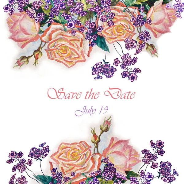 花玫瑰的叶子，水彩，婚礼图 — 图库照片
