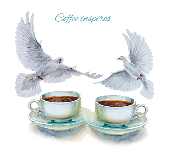Due tazze da tè colorate e piattini con colombe primo piano. Schizzo fatto a mano. Cartolina per San Valentino. Illustrazione ad acquerello . — Foto Stock