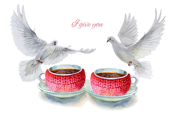 Dois copos de chá coloridos e pires com pombas closeup. Desenho feito à mão. Um postal para o Dia dos Namorados. Ilustração aquarela . — Fotografia de Stock