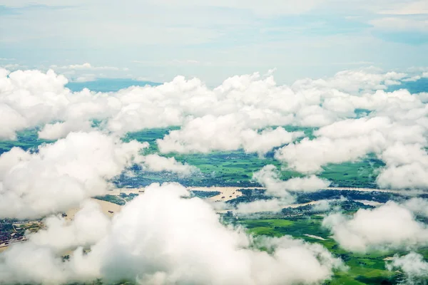Aerial view Myanmar landscape from the airplane, cloud, land, river, architecture — Stock Photo, Image