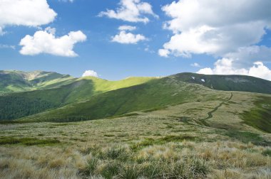 Bulutlu yaz göğün altında inanılmaz yeşil dağ zinciri taşlarla