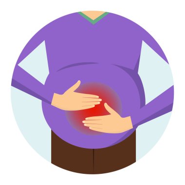 Abdominal bloating. Stomach pain. Man holds his hands on the body clipart