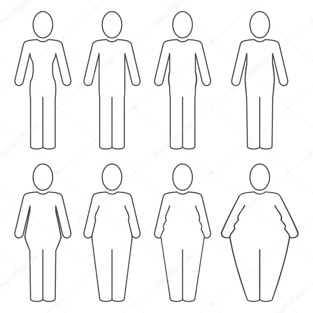 From thin to fat human body pictogram. Different proportions of the body set