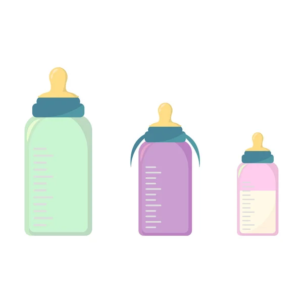 Vektor-Set Babyflaschen mit Brustwarzen zur Fütterung von Neugeborenen, isoliert — Stockvektor