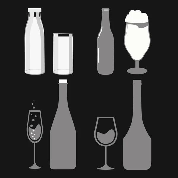 Wine beer champange milk glas and bottle set — Stock Vector