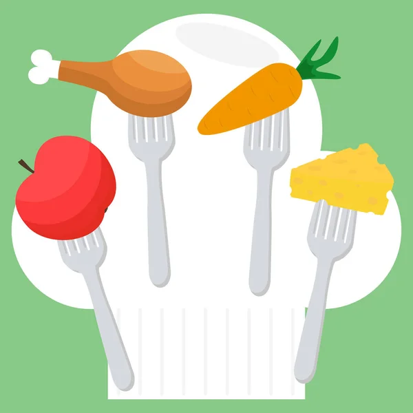 Gyerek menü ikon. Sárgarépa, sajt, csirke, alma a villán — Stock Vector