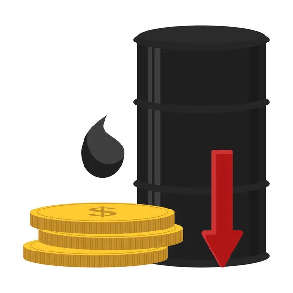 Βαρέλι πετρελαίου με κόκκινο βέλος κάτω και χρυσά νομίσματα δολάριο. Πτώση των τιμών βενζίνης — Διανυσματικό Αρχείο