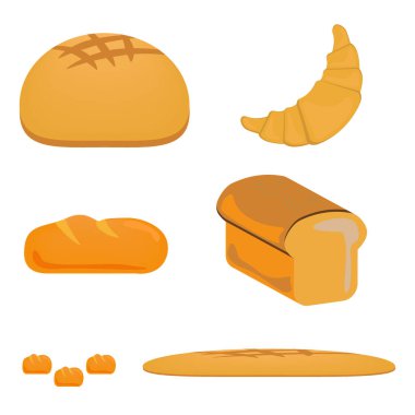 Ekmek simgesi tasarımı yiyecekleri ayarlar. Taze fırın, somun, çörek, kruvasan ve ekmek.