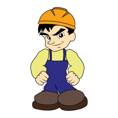 Mavili genel Oluşturucu adam. Turuncu kask içinde aleti.