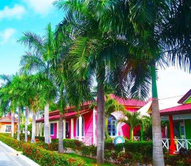 Punta Cana Gran Banya Luxor Otel yeşil toprakları. Dominik Cumhuriyeti 'nde renkli evler ve binalar