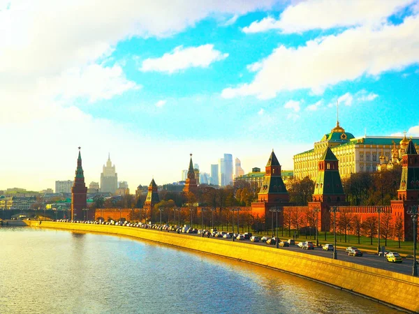 Blick Von Der Brücke Auf Den Kreml Den Fluss Moskau — Stockfoto