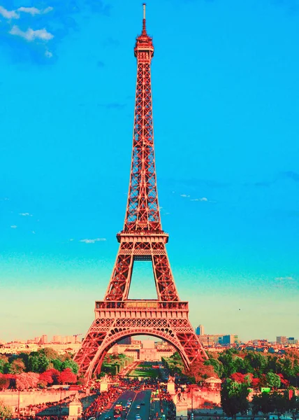 View Eiffel Tower Bright Sunny Day Famous Tourist Place — Stock Photo, Image